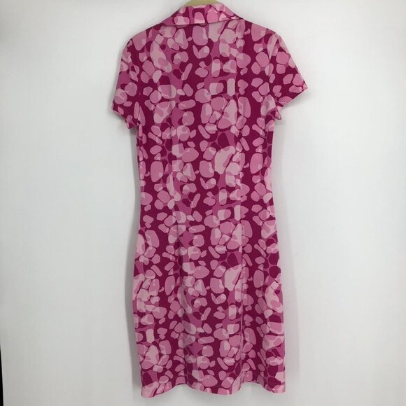 BCBGMaxAzria Pink Abstract Camo Shortsleeve 1/4 Button Midi Dress w/ belt M - Picture 2 of 16